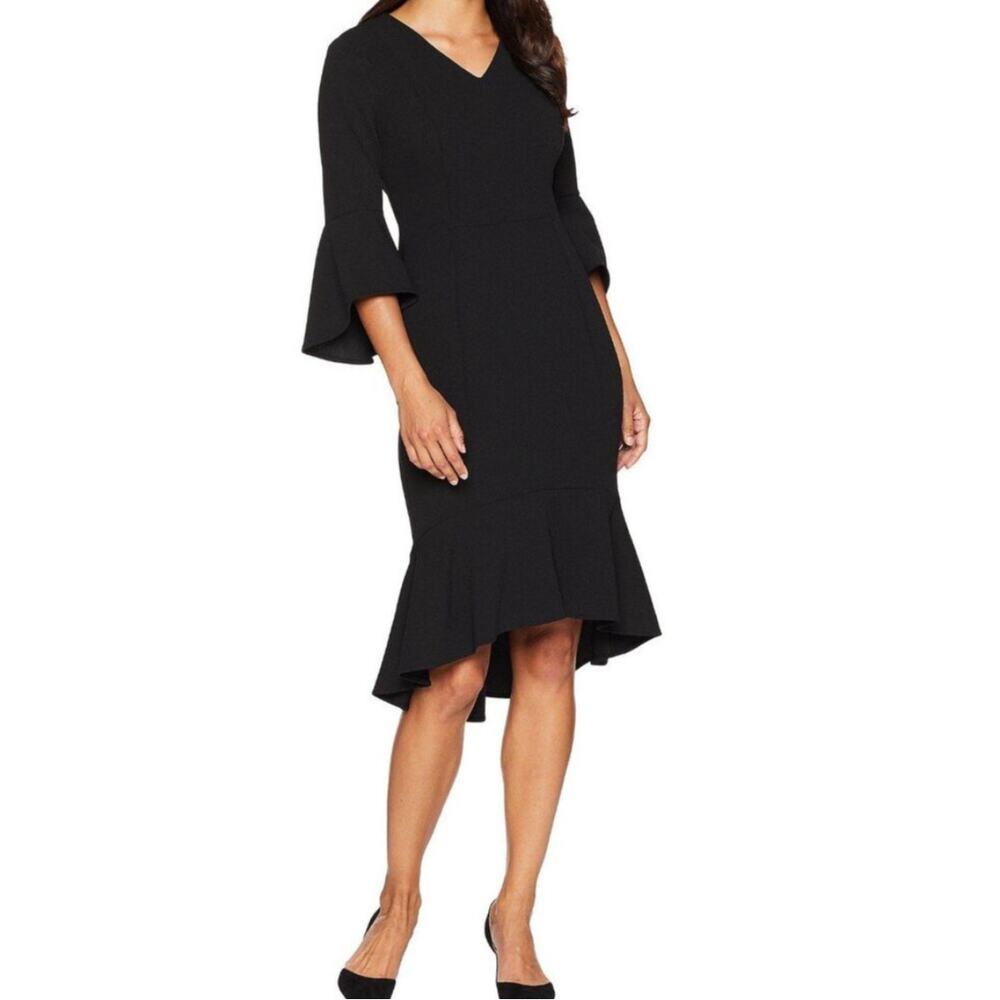 Women's Calvin Klein V-Neck Bell Sleeve Black Cocktail Dress W/ High-Low Hem Sz4